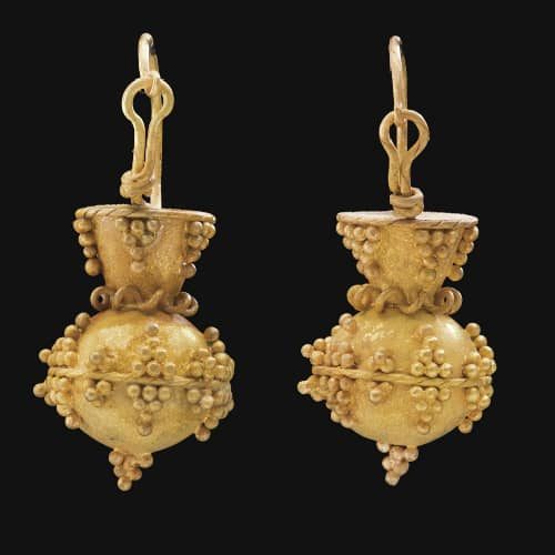 Ostrogoth Granulated Pyramid and Ball Gold Earrings. 6th Century A.D., Italy.
