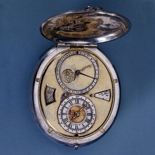 Oval Silver Cased Verge Watch with Date Indicator. 1670-1680. © The Trustees of the British Museum.