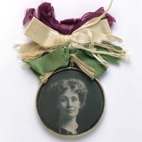 Emmeline Pankhurst Portrait Suspended from WSPU Themed Purple, White and Violet Ribbons.