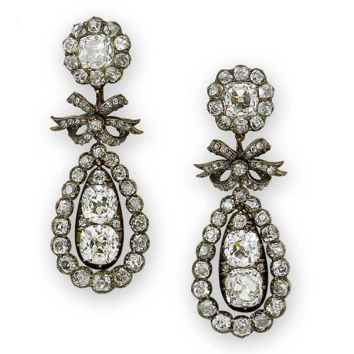 Pendeloque Diamond Earrings with Bow Motif. c.1810.
