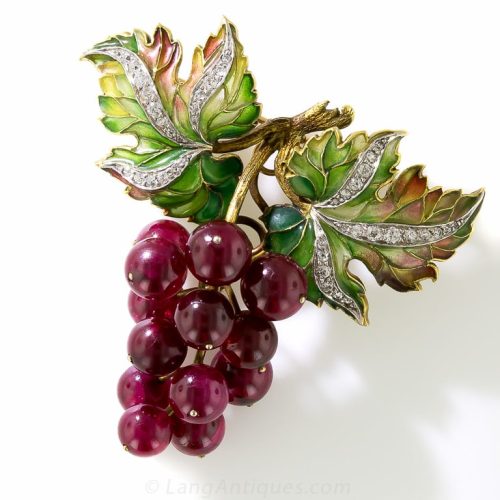 Plique-à-Jour Enamel, Diamond and Red Ruby Grape Cluster Brooch.