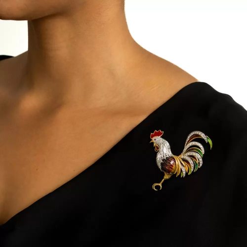 Rooster on Black Dress.