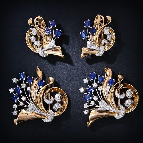 Retro Synthetic Sapphire and Diamond Clip Brooch and Earclip Parure.