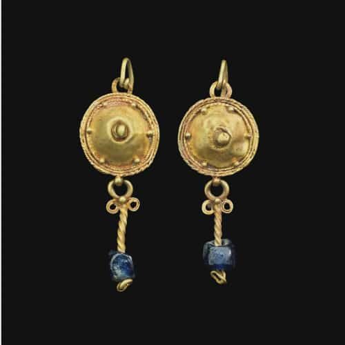 Gold Disk and Blue Glass Pendant Earrings.2nd-3rd Century, Rome.