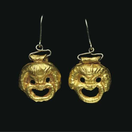 Earrings Designed as a Pair of Comic Slaves/Theater Masks. 1st Century, Rome.