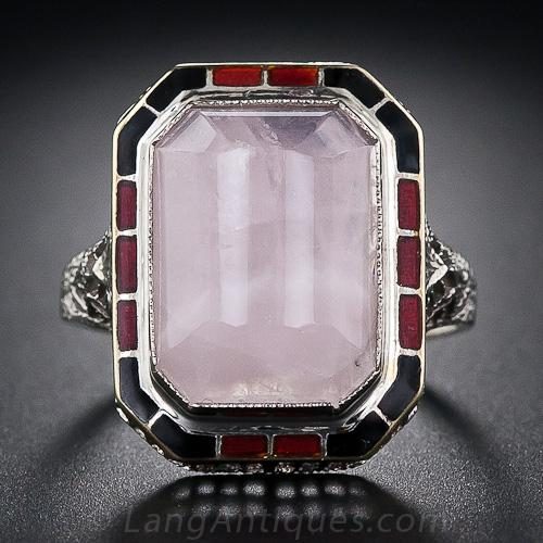 Art Deco Rose Quartz and Enamel Ring