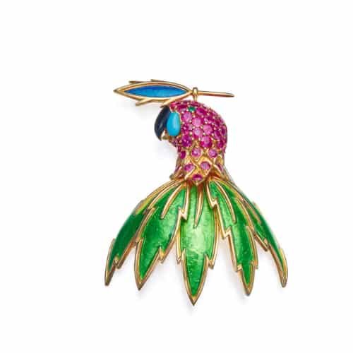 Schlumberger Enamel on Gold Parrot Brooch.