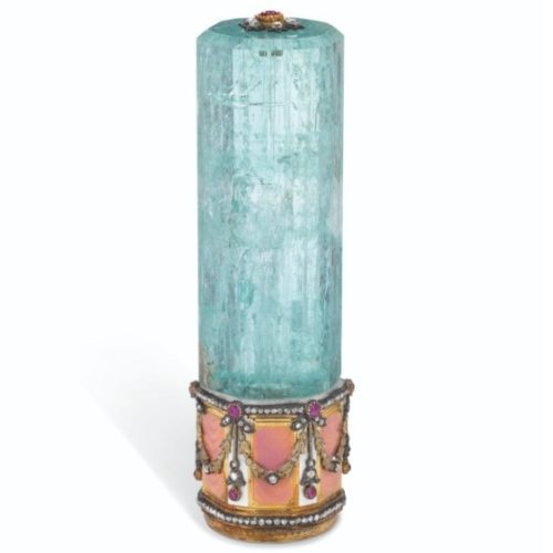 Aquamarine, Ruby, Guilloché Enamel, Gold Cane Handle, Fabergé, Michael Perchin, c.1890. Photo Courtesy of Christie’s. Aquamarine, Ruby, Guilloché Enamel, Gold Cane Handle, Fabergé, Michael Perchin, c.1890. Photo Courtesy of Christie's.
