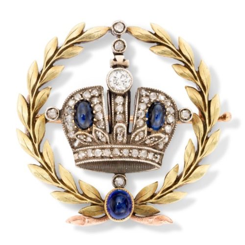 Diamond, Sapphire, and Two-Color Gold Imperial Presentation Brooch, Fabergé, Alfred Thielemann, c.1908-1917. Photo Courtesy of Christie’s. Diamond, Sapphire, and Two-Color Gold Imperial Presentation Brooch, Fabergé, Alfred Thielemann, c.1908-1917. Photo Courtesy of Christie's.