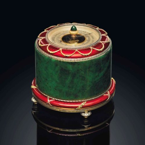 Nephrite, Guilloché Enamel, Silver-Gilt, Table Barometer, Fabergé, Henrik Wigström, c.1908-1917. Photo Courtesy of Christie’s. Nephrite, Guilloché Enamel, Silver-Gilt, Table Barometer, Fabergé, Henrik Wigström, c.1908-1917. Photo Courtesy of Christie's.