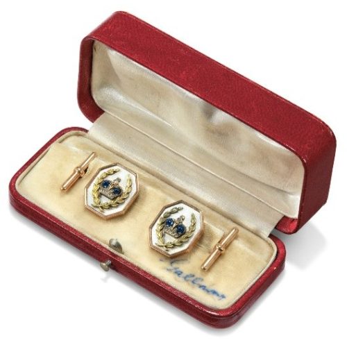 Diamond, Sapphire, Guilloché Enamel, and Bi-Color Gold Imperial Presentation Cuff Links, Fabergé, Alfred Thielemann, c.1909. Photo Courtesy of Christie,s. Diamond, Sapphire, Guilloché Enamel, and Bi-Color Gold Imperial Presentation Cuff Links, Fabergé, Alfred Thielemann, c.1909. Photo Courtesy of Christie's.