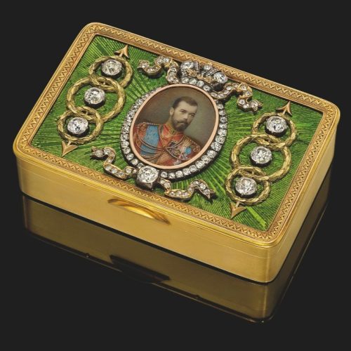 Ivory Miniature, Paste, Guilloché Enamel, and Tri-Color Gold Imperial Presentation Snuff Box, Fabergé, Michael Perchin, c.1890. Photo Courtesy of Christie’s Ivory Miniature, Paste, Guilloché Enamel, and Tri-Color Gold Imperial Presentation Snuff Box, Fabergé, Michael Perchin, c.1890. Photo Courtesy of Christie's