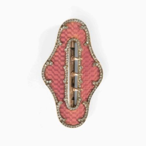 Diamond, Guilloché Enamel, and Silver-Gilt Belt Buckle, Fabergé, Michael Perchin, c.1899-1903. Photo Courtesy of Christie’s. Diamond, Guilloché Enamel, and Silver-Gilt Belt Buckle, Fabergé, Michael Perchin, c.1899-1903. Photo Courtesy of Christie's.