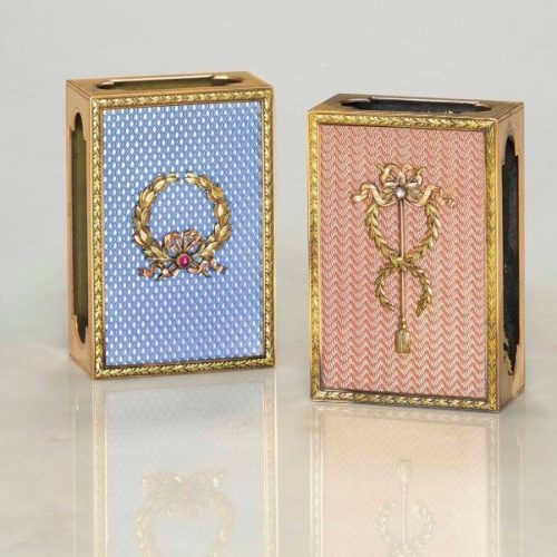 Pair of Diamond, Guilloché Enamel, and Bi-Color Gold Matchbox Holders, Fabergé, Henrik Wigström, c.1903-1904. Photo Courtesy of Christie’s. Pair of Diamond, Guilloché Enamel, and Bi-Color Gold Matchbox Holders, Fabergé, Henrik Wigström, c.1903-1904. Photo Courtesy of Christie's.