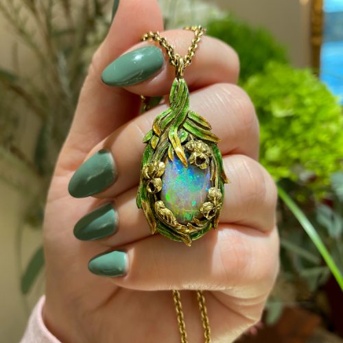 Art Nouveau Bolder Opal, Enamel Pendant-Necklace.
