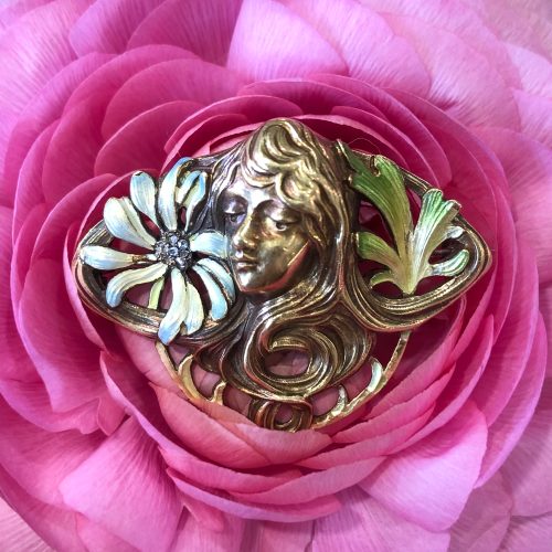 Art Nouveau Enameled Brooch with Rose-Cut Diamonds.