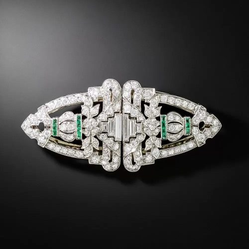 Convertible Art Deco Diamond and Calibré-Cut Emerald Clip Brooch.