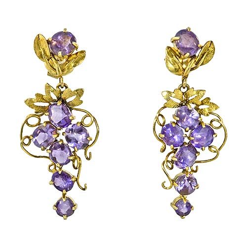 Amethyst Grape Cluster Earrings with Tendrils and Leaves.