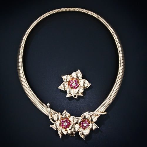 Tiffany & Co. Retro Ruby Floral Gaspipe Necklace. One Flower Removable to Create Choker.