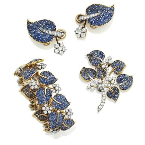 Van Cleef & Arpels Floral and Foliate Motif Sapphire and Diamond Demi-Parure. Photo Courtesy of Christie's.