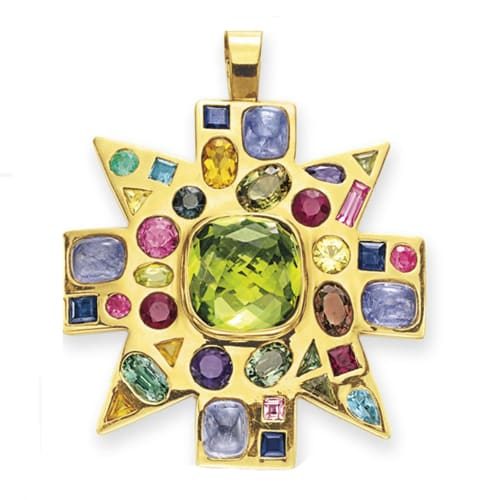 Maltese Cross Brooch With Central Peridot and Colored Gemstones, Verdura. Photo Courtesy of Christie's.