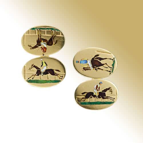 Vintage Enamel, Yellow Gold Horse Racing Cuff Links.