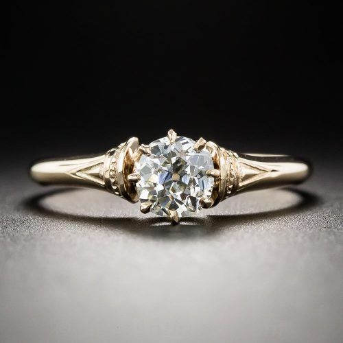 Victorian Solitaire Mine-Cut Diamond and 14k Yellow Gold Engagement Ring.
