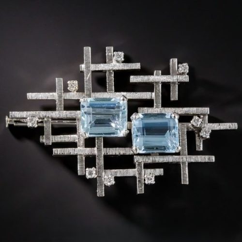 Mid-Century Modern Aquamarine and Diamond Brooch.