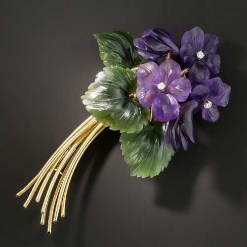 Translucent Carved Amethyst and Nephrite Flower Brooch.