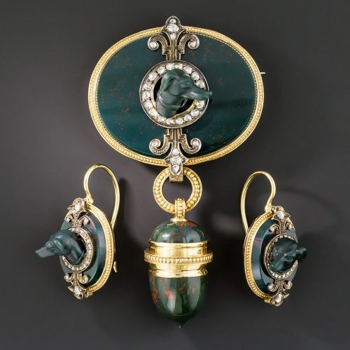 Antique Bloodstone Vinaigrette Brooch and Earrings with Dog and Acorn Motifs.