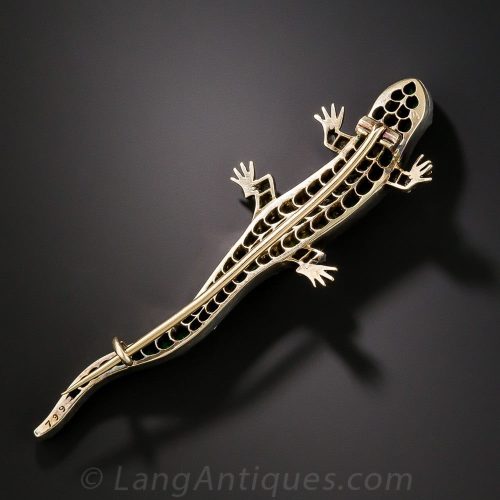 Antique Silver-Topped Gold Demantoid Garnet and Diamond Salamander Brooch (Reverse)