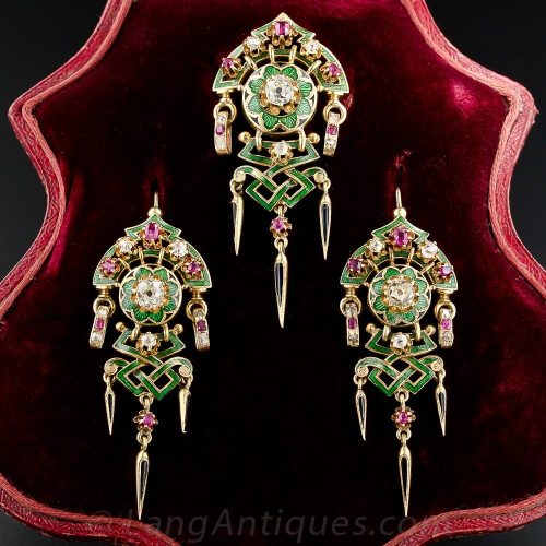 Antique French Diamond, Ruby, and Enamel Suite, c.1880s.
