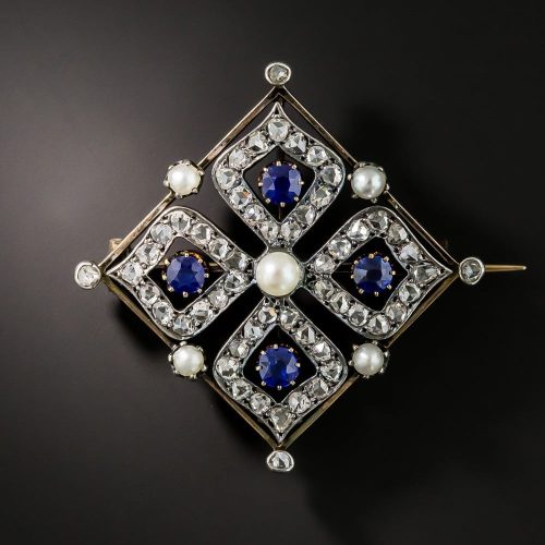 Quatrefoil Design Antique French Diamond, Sapphire, and Pearl Brooch.