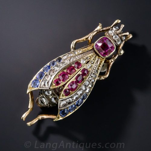 Estate Antique Ruby, Sapphire, and Diamond Wasp Brooch.