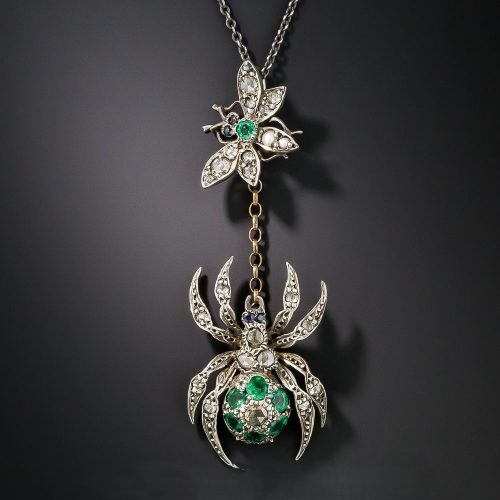 Antique Diamond & Emerald Spider & Fly Necklace. Antique Diamond & Emerald Spider & Fly Necklace.