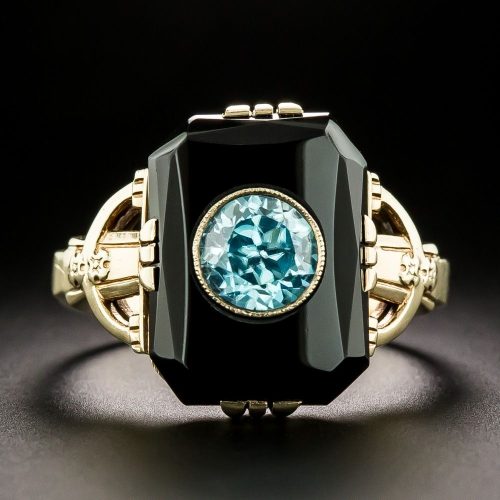 Art Deco Onyx and Blue Zircon Ring.