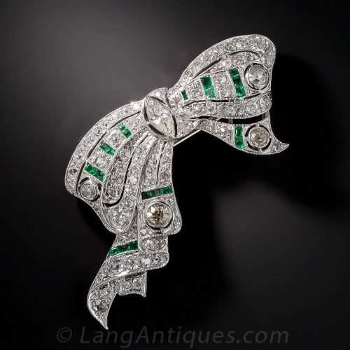 Art Deco Diamond, Emerald and Platinum Bow Brooch