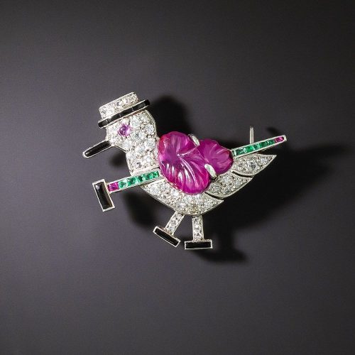 Art Deco Diamond and Gemset Dapper Bird Brooch Sporting a Walking Stick. Art Deco Diamond and Gemset Dapper Bird Brooch Sporting a Walking Stick.