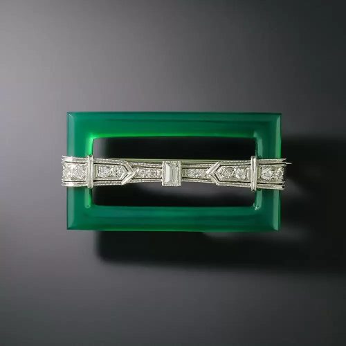 Art Deco Green Chalcedony and Diamond Buckle Brooch.