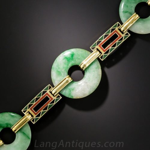 Art Deco Burmese Jadeite and Enamel Bi Bracelet.