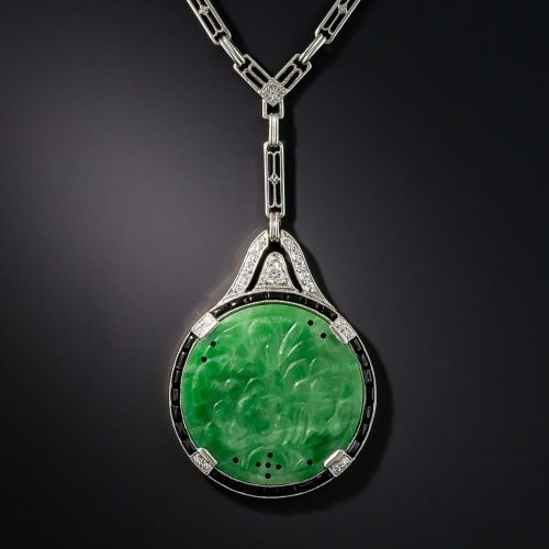 Art Deco Natural Carved Burmese Jadeite, Diamond and Black Onyx Necklace.