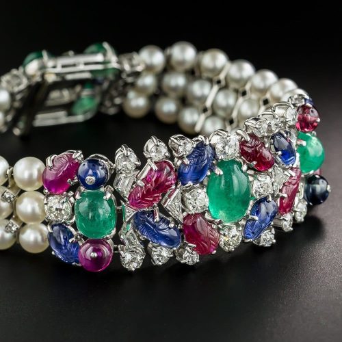 Art Deco Tutti Frutti Ruby, Emerald, Sapphire, Pearl, and Diamond Bracelet.