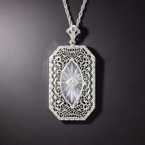 White Gold Filigree Necklace with Rock Crystal and Diamond.