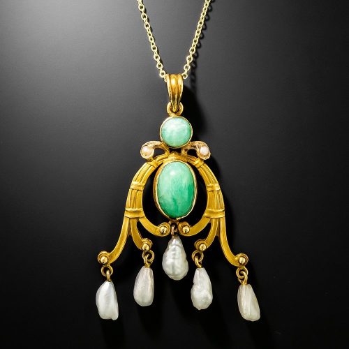 Art Nouveau Amazonite & Pearl Pendant Necklace.