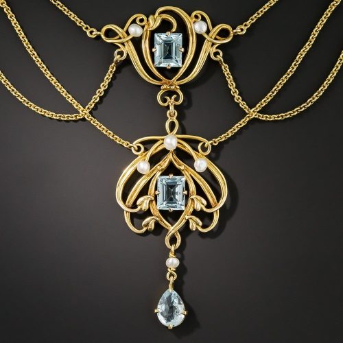 Art Nouveau Aquamarine and Pearl Necklace.