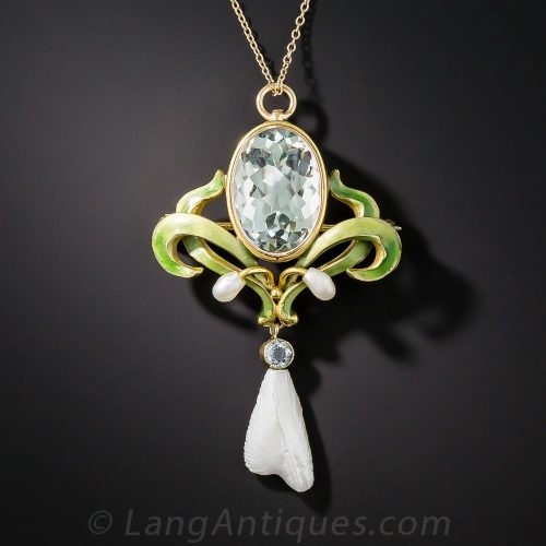 Art Nouveau Aquamarine, Freshwater Pearl, and Enamel Necklace, Bippart.