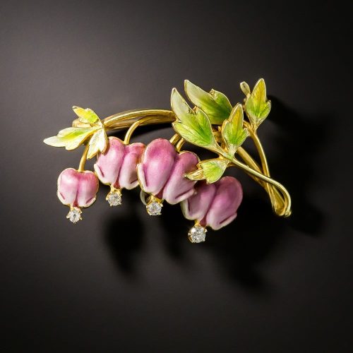 Art Nouveau Enamel "Bleeding Hearts" Brooch, Krementz.