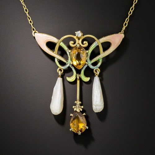 Art Nouveau Citrine, Diamond, and Enamel Necklace, Ehrlich & Sinnock.
