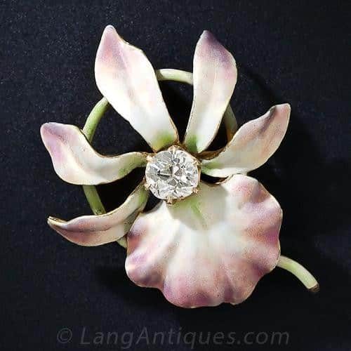 Art Nouveau Diamond and Enamel Orchid Pin.