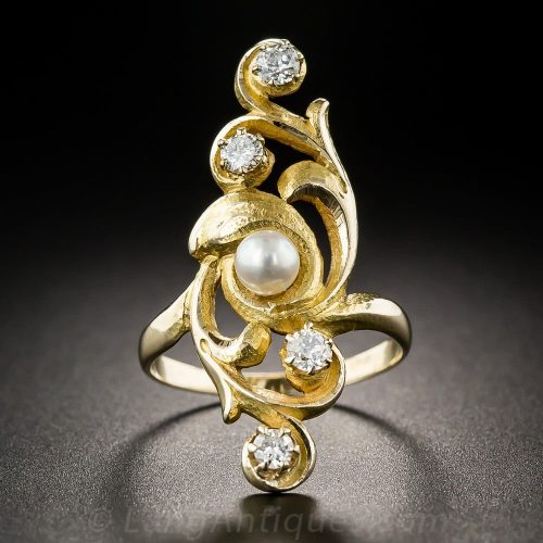 Art Nouveau Diamond and Pearl Dinner Ring. Art Nouveau Diamond and Pearl Dinner Ring.